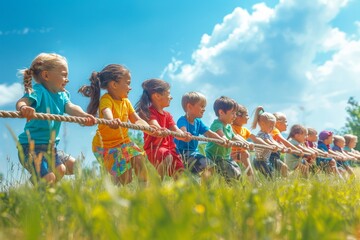 Happy kids playing games and having fun in summer camp on vacation. Team of children playing tug of war, standing on green field and pulling rope all together. Summer, fun, activity, Generative AI - obrazy, fototapety, plakaty