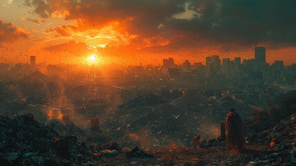 a fully loaded landfill during dusk, Huge city in the background,generative ai