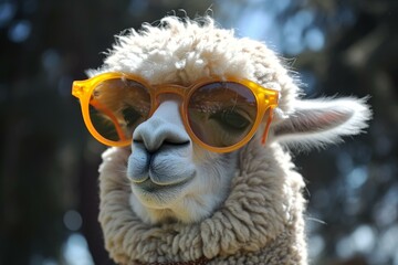 Naklejka premium Adorable Funny cute alpaca sunglasses. Smile spring. Generate Ai