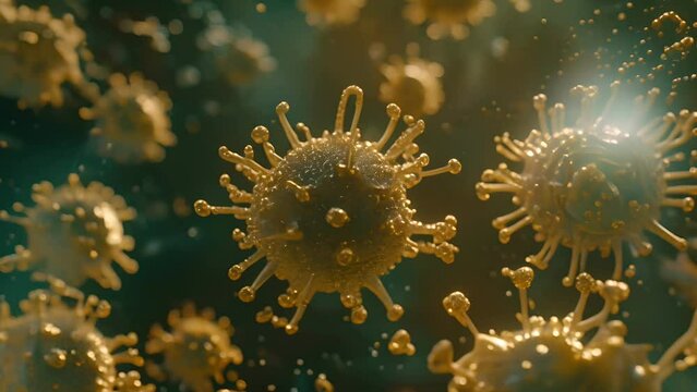 bunch of viruses are floating in the air. The viruses are brown and have a fuzzy appearance, Group of virus cells. 3D illustration, Coronavirus cells