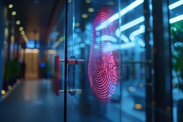 Fingerprint at the entrance to the office glass door, fingerscan with access control on the glass...