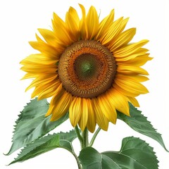 Large Sunflower With Green Leaves on White Background