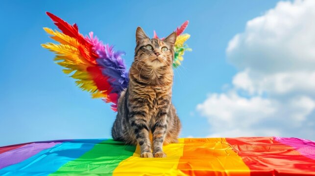 Cat Sitting on Top of a Rainbow Colored Kite