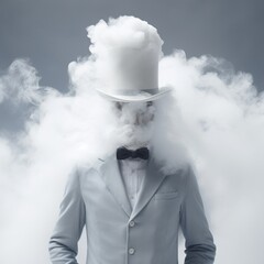 Man in Tuxedo and Top Hat Surrounded by Clouds