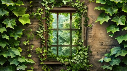 Green Ivy Covered Window Next to Brick Wall