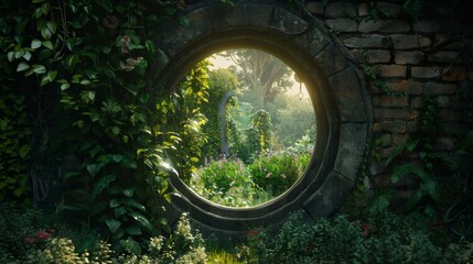 Circular Window in Brick Wall Overlooking Garden - obrazy, fototapety, plakaty