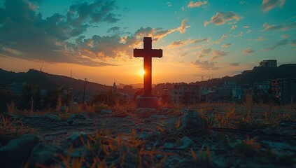 An old rugged wooden cross stands on a hill at sunset with a beautiful sky full of clouds in the background. The cross is a symbol of Christianity and the resurrection of Jesus Christ. - obrazy, fototapety, plakaty