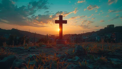 Foto op Plexiglas An old rugged wooden cross stands on a hill at sunset with a beautiful sky full of clouds in the background. The cross is a symbol of Christianity and the resurrection of Jesus Christ. © Meow Creations