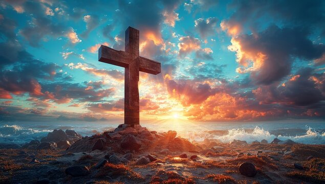 Cross on the rock at sunset. Conceptual image.