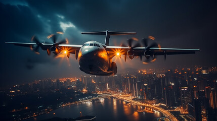 A  cargo transport plane in mid-air against a backdrop of vibrant city lights at night.