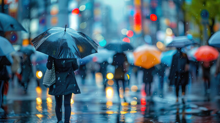People walk down the street under umbrellas.