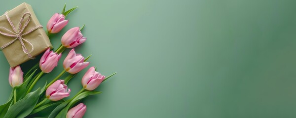 Fototapeta na wymiar Banner with pink tulips and gift box on green background.
