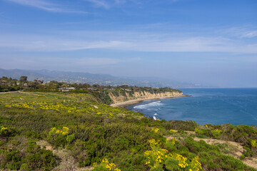 a beautiful spring landscape at Point Dume beach with blue ocean water, lush green trees and...