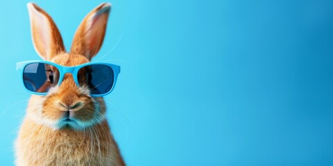 Fototapeta premium Cute funny bunny wearing sunglasses on color background. Space for text