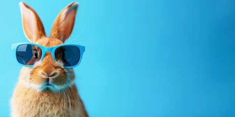 Gardinen Cute funny bunny wearing sunglasses on color background. Space for text © Meow Creations