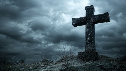 Stone Cross Tombstone In Graveyard With Stormy Sky