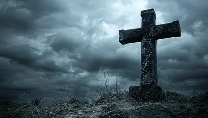 Fotobehang Stone Cross Tombstone In Graveyard With Stormy Sky © Meow Creations