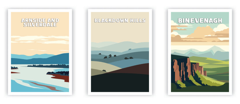 Binevenagh, Blackdown Hills, Arnside And Silverdale Illustration Art. Travel Poster Wall Art. Minimalist Vector art