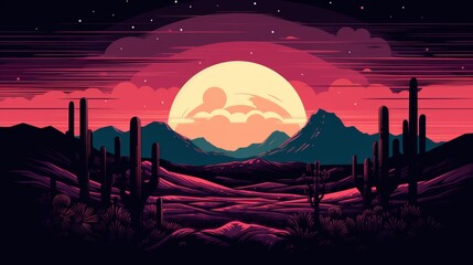 Moonlit desert with cacti silhouettes retro wave style illustration of nostalgic beauty