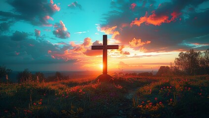 Cross on the meadow at sunset. - obrazy, fototapety, plakaty
