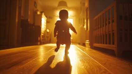 Baby girl taking her first steps in the living room at home. Toddler learning to walk. Infant child development milestone. - obrazy, fototapety, plakaty