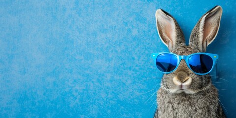 Close up portrait of a gray bunny wearing blue sunglasses against a blue background. Concept of happy easter and spring. - obrazy, fototapety, plakaty