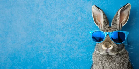 Foto op Aluminium Close up portrait of a gray bunny wearing blue sunglasses against a blue background. Concept of happy easter and spring. © Meow Creations