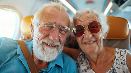 Happy senior couple travel in airplane enjoying vacations trip together, Lifestyle trip travel, warm light, empower and joyful life concept