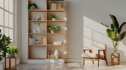white wall in living room interior with armchair and bookcase, window, green plants decor, minimalist style, high resolution photography