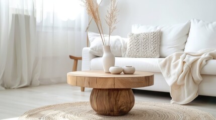 a round wooden coffee table in front of a white sofa in a scandinavian styled living room - obrazy, fototapety, plakaty