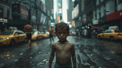 Innocent indigenous boy lost in bustling New York, surrounded by affluence yet impoverished.generative ai