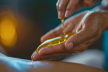 A close-up image of a masseuse's hands applying oil to a client's skin before a massage. - obrazy, fototapety, plakaty