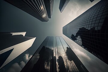 A view from below, capturing the majestic height of reflective skyscrapers, symbolizing the power and prominence of business in the urban landscape. - obrazy, fototapety, plakaty