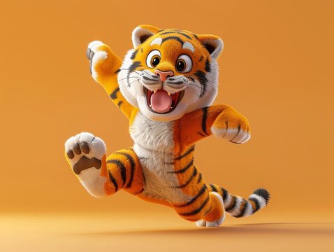 A cute tiger character in a strong, athletic pose, jumping energetically, rendered in 3D pop art style, ideal for playful and powerful imagery