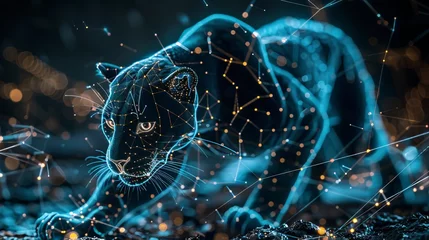 Tuinposter A sleek Black Panther navigating a digital landscape, symbolizing cybersecurity, surrounded by quantum technology elements, showcasing innovation in the digital age © kamol