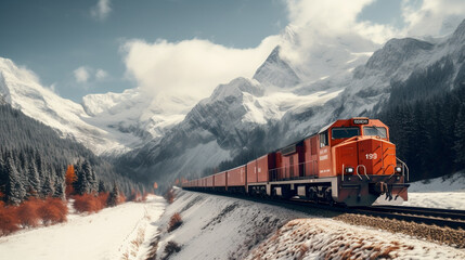 A  cargo transport train traveling through a snowy mountain pass with majestic peaks.