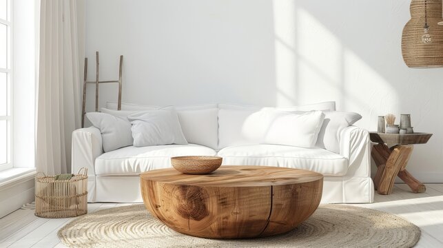 Fototapeta a round wooden coffee table in front of a white sofa in a scandinavian styled living room