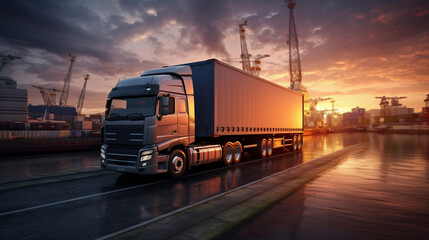 A  cargo transport truck making a delivery to an industrial shipping yard at twilight.