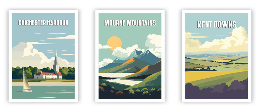 Mourne Mountains, Kent Downs, Chichester Harbour Illustration Art. Travel Poster Wall Art. Minimalist Vector art