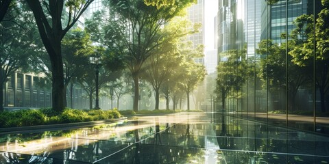 A sleek glass building with green trees and plants outside, sunlight reflecting on the ground, urban cityscape in the background Generative AI