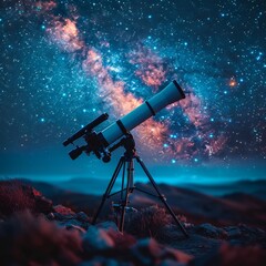 Telescope on Mountain Summit Under Night Sky