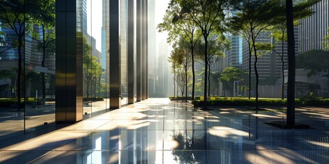 A modern urban landscape with glass walls, reflecting the surrounding skyscrapers and greenery Generative AI