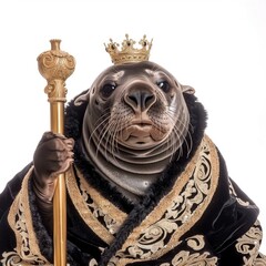 Obraz premium Seal Wearing Crown and Holding Golden Stick