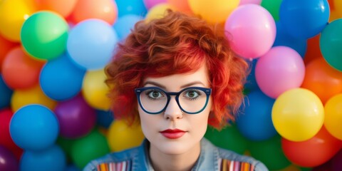 Fototapeta na wymiar Portrait of beautiful woman with inflatable rainbow balloons. Generative AI.