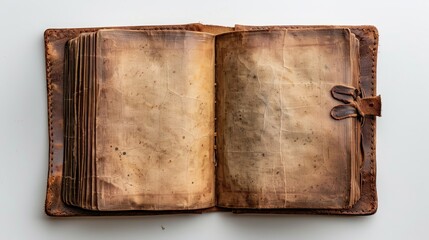 An open vintage leather-bound book displaying blank, aged, and stained pages on a white surface.