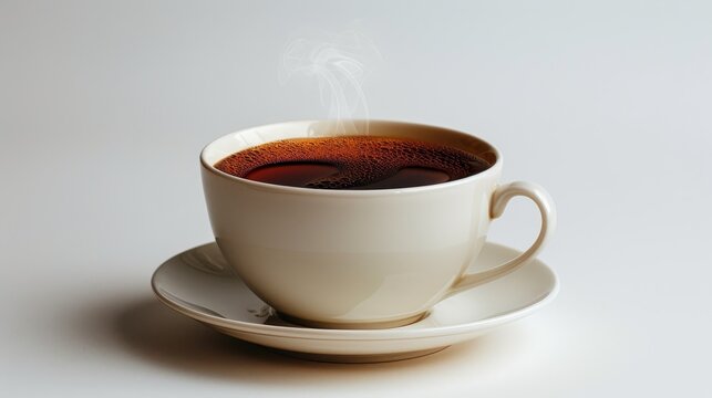 A white ceramic cup and saucer filled with hot coffee, emanating a delicate steam, set against a clean background.