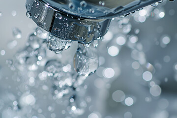 A close-up shot of a leaking faucet, with water droplets caught in mid-air.