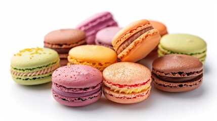 A delicious selection of colorful macarons arranged haphazardly, displaying a variety of flavors and fillings, on a clean white background.