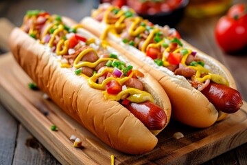 Filling American hot dogs. Eat beef lunch. Generate Ai - obrazy, fototapety, plakaty