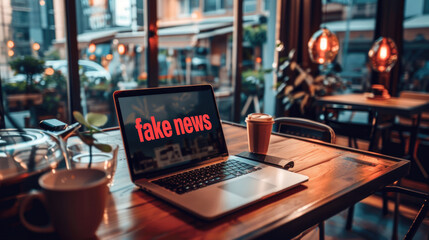 A laptop computer sitting on top of a wooden table. Words Fake News on a screen.
